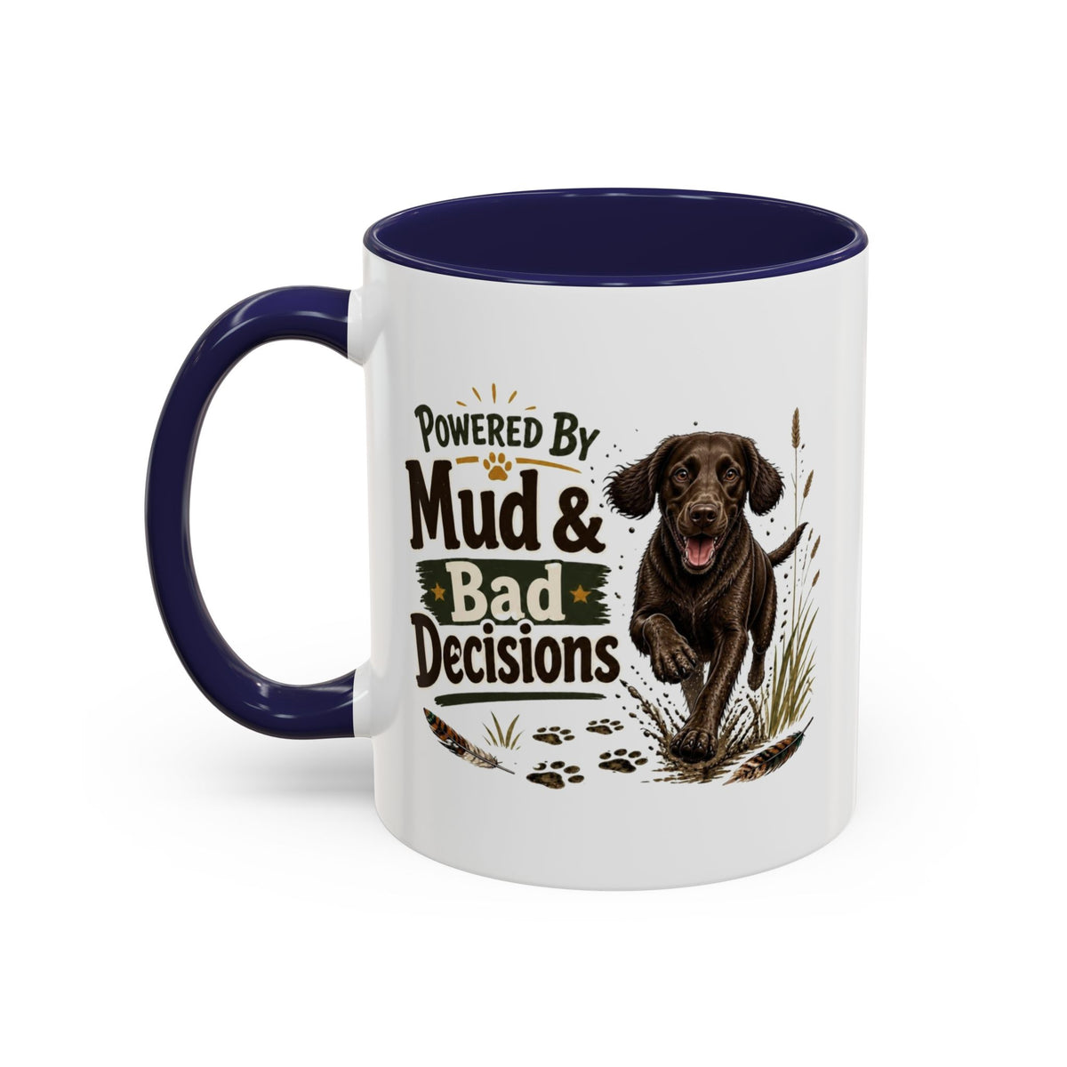 Funny Chocolate Cocker Spaniel Mug - Powered By Mud & Bad Decisions, Muddy Dog Owner Gift, Gundog Lover Coffee Mug, 11oz