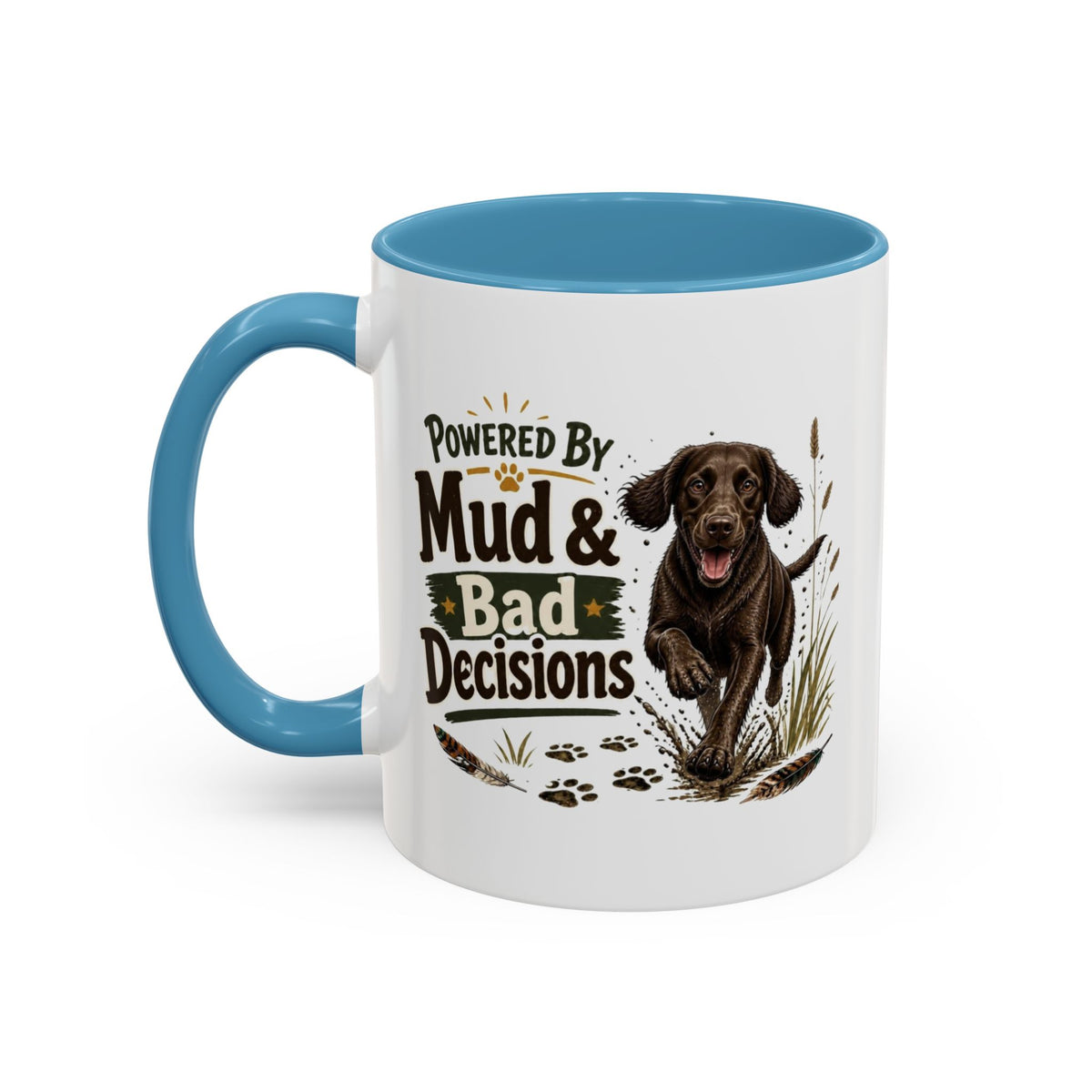 Funny Chocolate Cocker Spaniel Mug - Powered By Mud & Bad Decisions, Muddy Dog Owner Gift, Gundog Lover Coffee Mug, 11oz