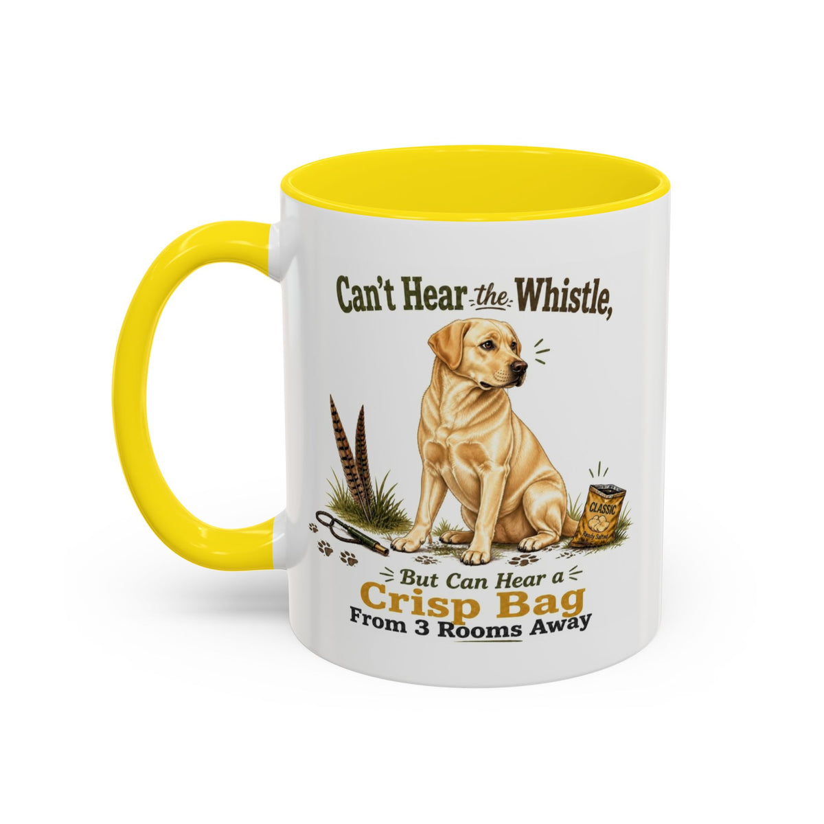 Funny Yellow Labrador Mug - Can't Hear the Whistle But Can Hear a Crisp Bag, Working Gun Dog Gift, Greedy Dog Mug, 11oz