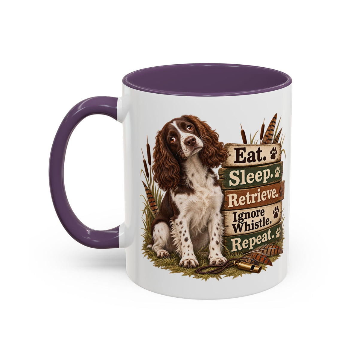 Funny Liver and White Springer Spaniel Mug - Eat Sleep Retrieve Ignore Whistle Repeat, Gundog Gift, Shooting Dog Mug, 11oz