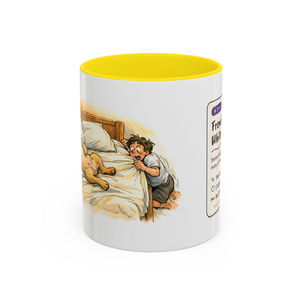 Funny French bulldog mug, snoring Frenchie hogging the bed – view 8