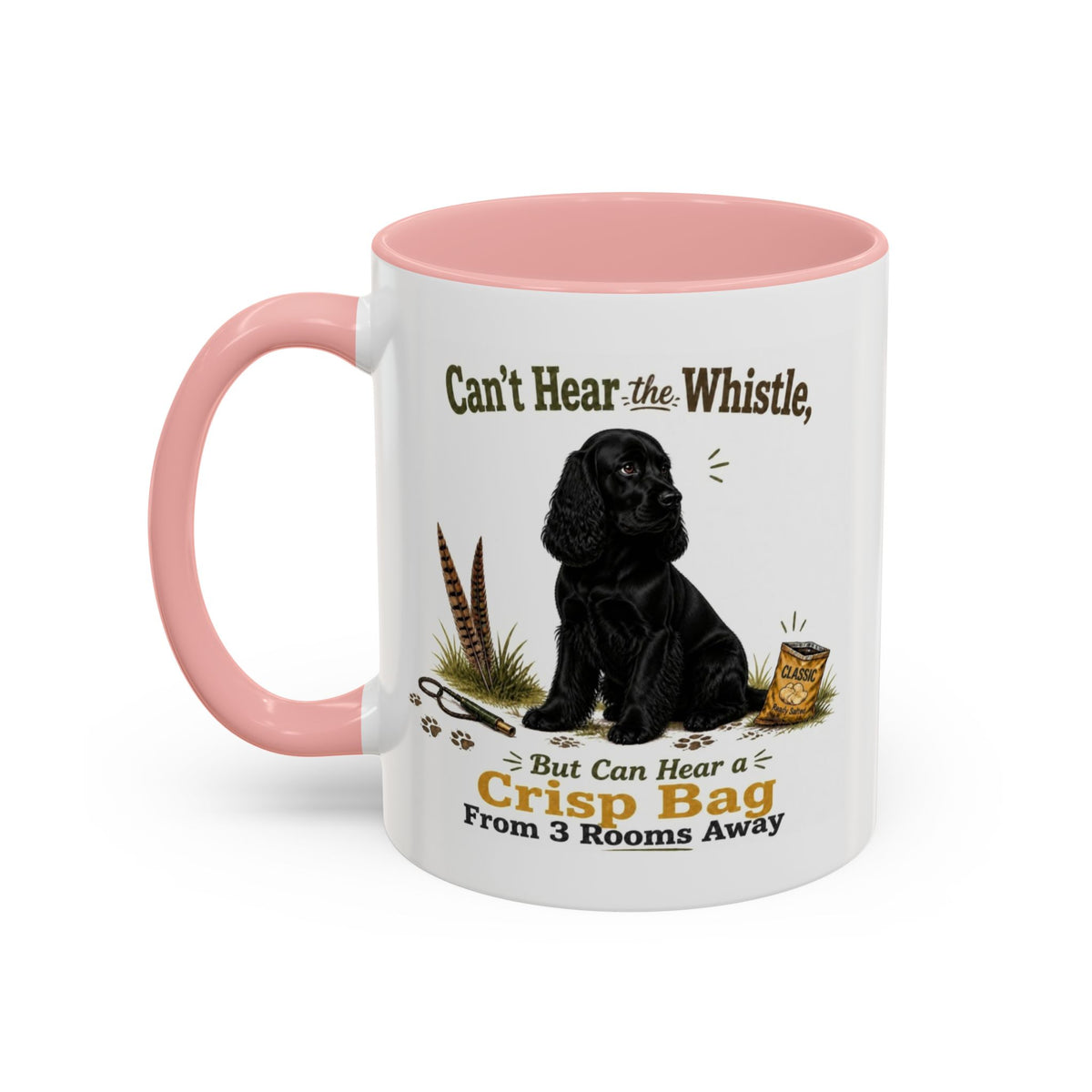 Funny Black Cocker Spaniel Mug - Can't Hear the Whistle But Can Hear a Crisp Bag, Working Gun Dog Gift, Greedy Dog Mug, 11oz