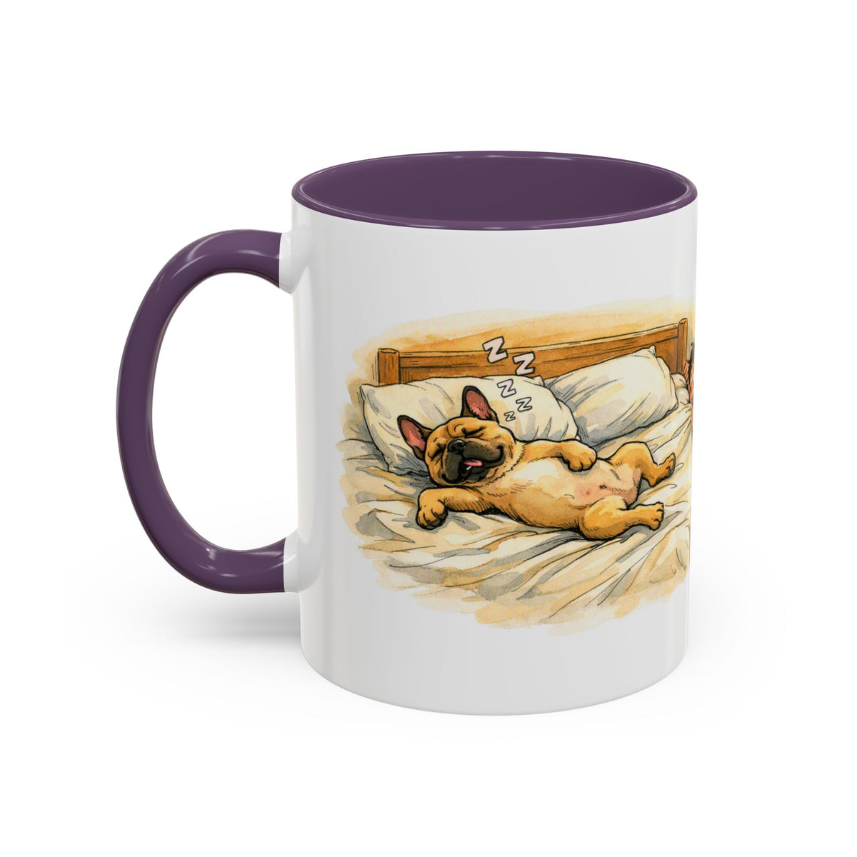 Funny French Bulldog Mug – Snoring Frenchie Bed Hog, Watercolour Dog Lover Gift, 11oz Ceramic Coffee Cup