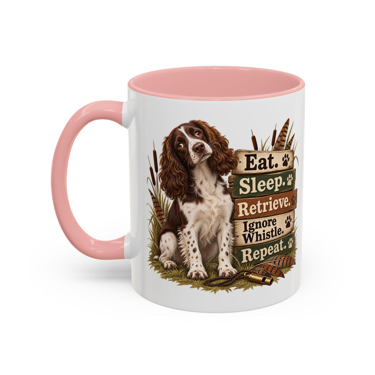 Funny Liver and White Springer Spaniel Mug - Eat Sleep Retrieve Ignore Whistle Repeat, Gundog Gift, Shooting Dog Mug, 11oz