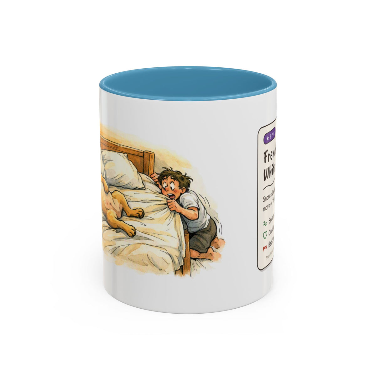 Funny French bulldog mug, snoring Frenchie hogging the bed – view 5