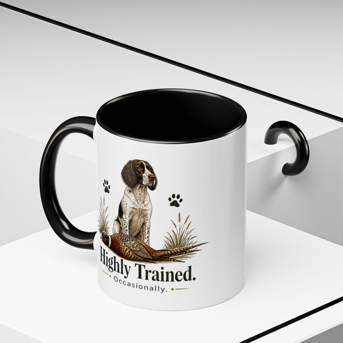 Funny Liver and White Springer Spaniel Mug - Highly Trained Occasionally, Gundog Owner Gift, Shooting Dog Lover Coffee Mug, 11oz