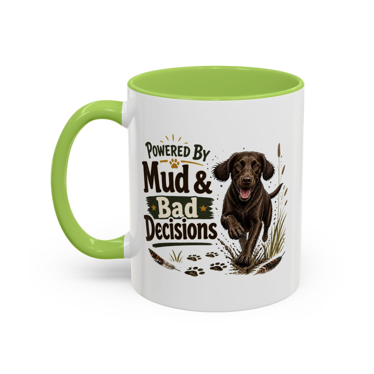 Funny Chocolate Cocker Spaniel Mug - Powered By Mud & Bad Decisions, Muddy Dog Owner Gift, Gundog Lover Coffee Mug, 11oz