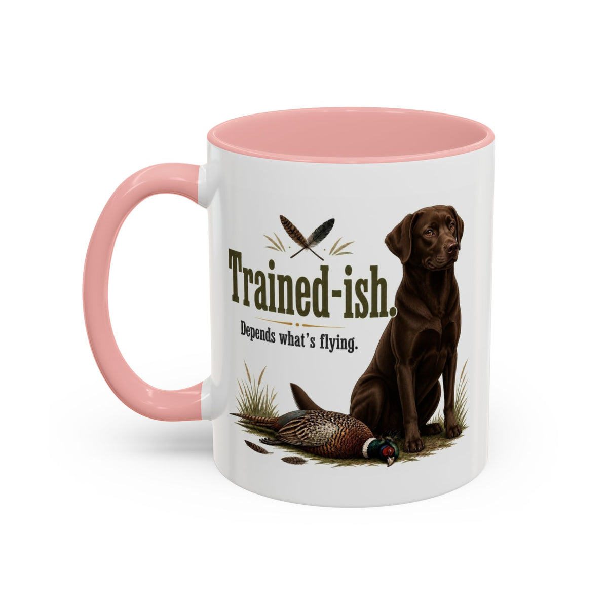 Funny Chocolate Labrador Mug - Trained-ish Depends What's Flying, Working Gun Dog Gift, Pheasant Shooting Mug, 11oz