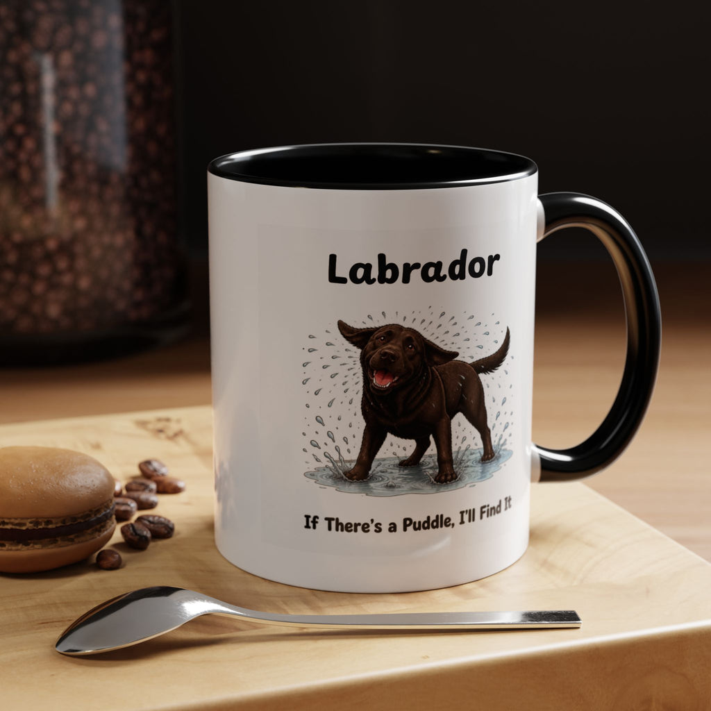 Personalised Chocolate Labrador Mug - If There's a Puddle, I'll Find It - Custom Dog Name, Funny Wet Dog Gift, 11oz