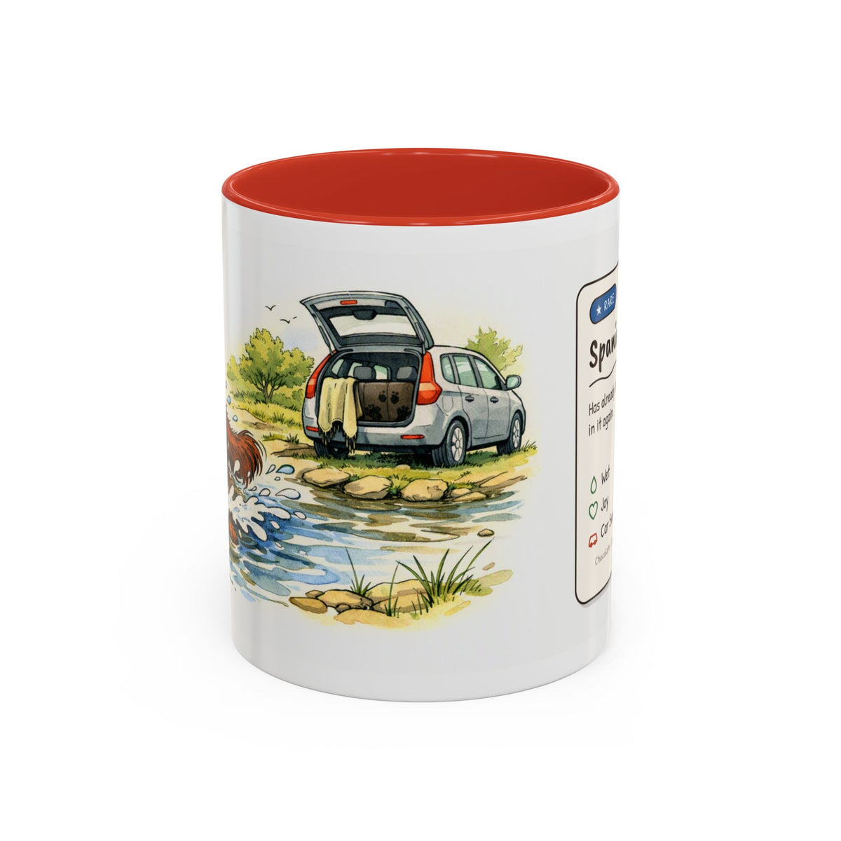 Funny chocolate cocker spaniel mug, wet spaniel and car – view 2