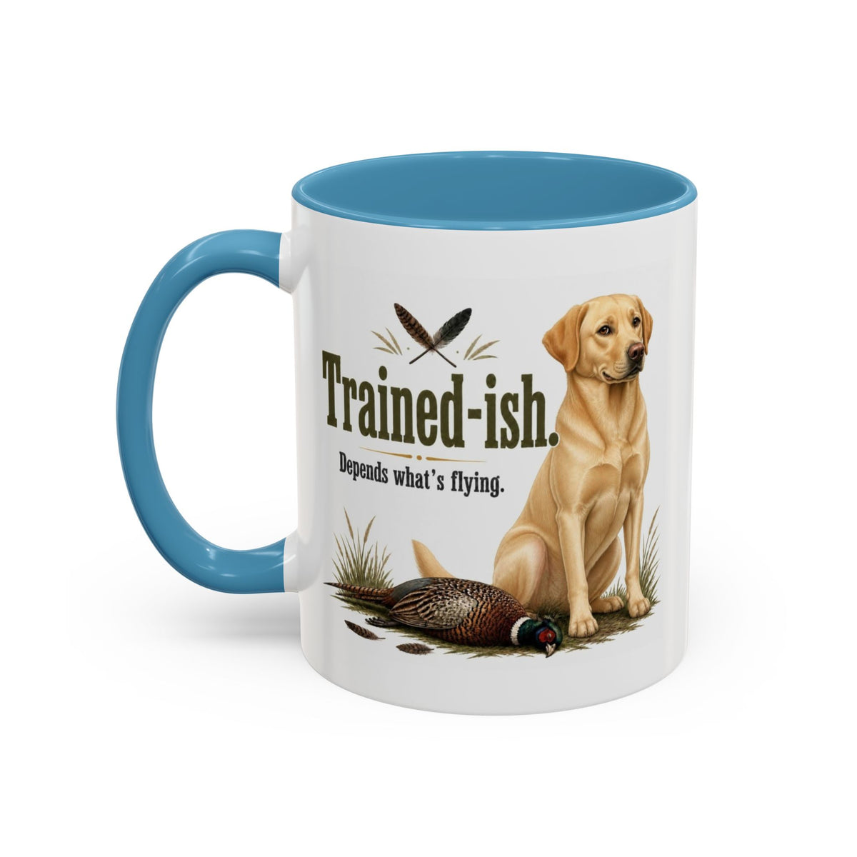 Funny Yellow Labrador Mug - Trained-ish Depends What's Flying, Working Gun Dog Gift, Pheasant Shooting Mug, 11oz