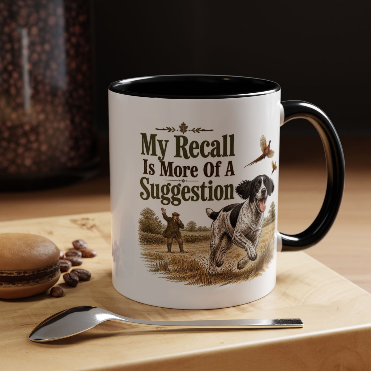 Funny Black and White Springer Spaniel Mug - My Recall Is More Of A Suggestion, Working Gun Dog Gift, Pheasant Shooting Mug, 11oz