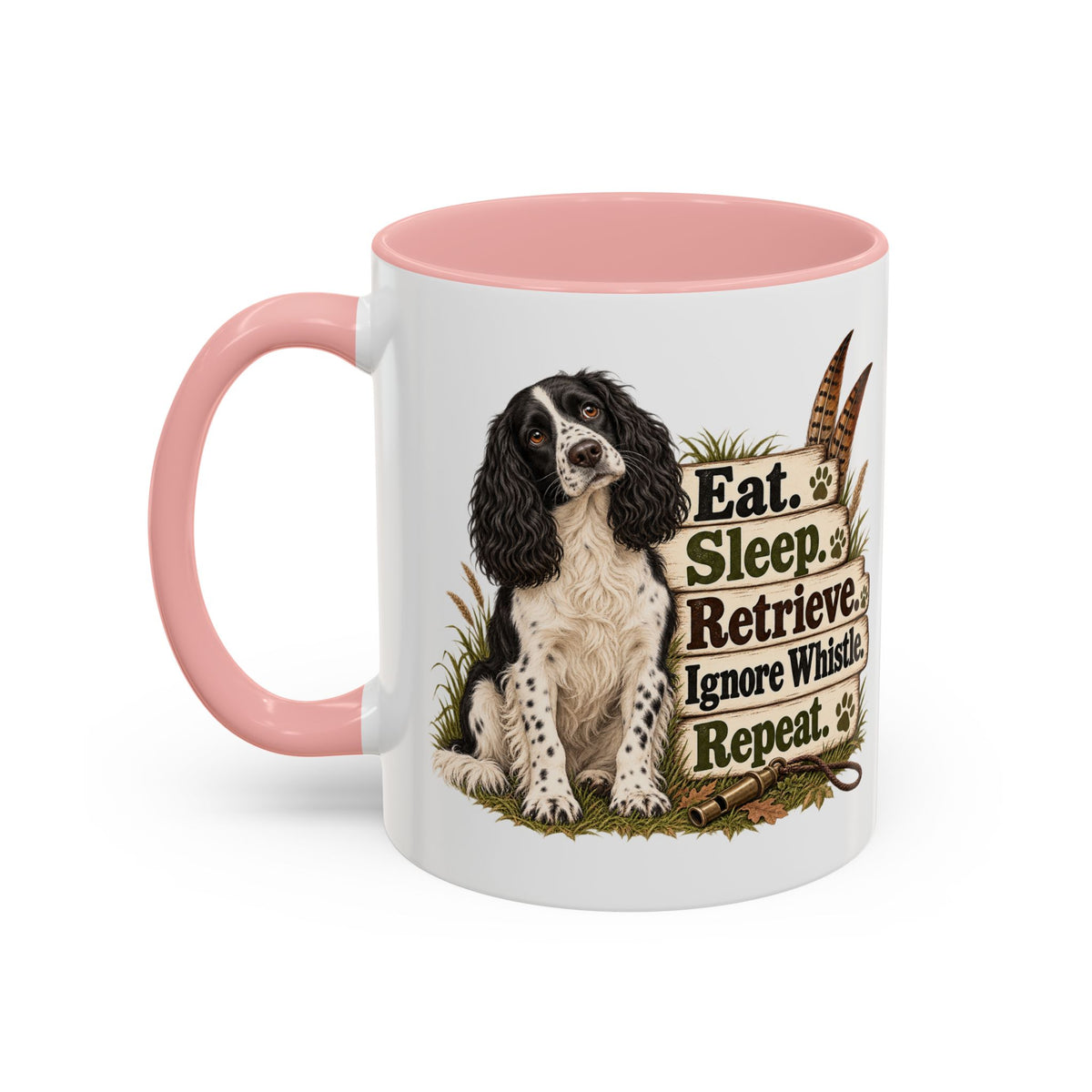 Funny Black and White Springer Spaniel Mug - Eat Sleep Retrieve Ignore Whistle Repeat, Gundog Gift, Shooting Dog Mug, 11oz
