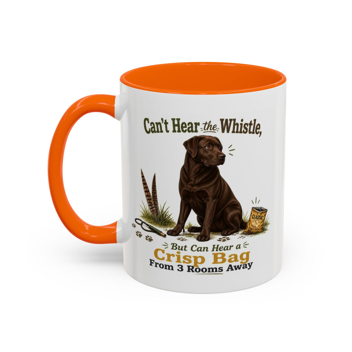 Funny Chocolate Labrador Mug - Can't Hear the Whistle But Can Hear a Crisp Bag, Working Gun Dog Gift, Greedy Dog Mug, 11oz