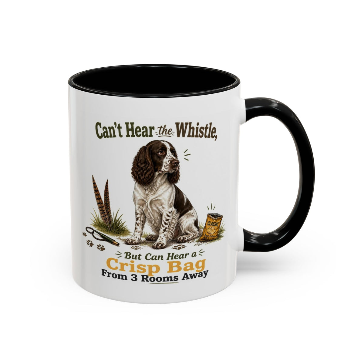 Funny Liver and White Springer Spaniel Mug - Can't Hear the Whistle But Can Hear a Crisp Bag, Working Gun Dog Gift, Greedy Dog Mug, 11oz