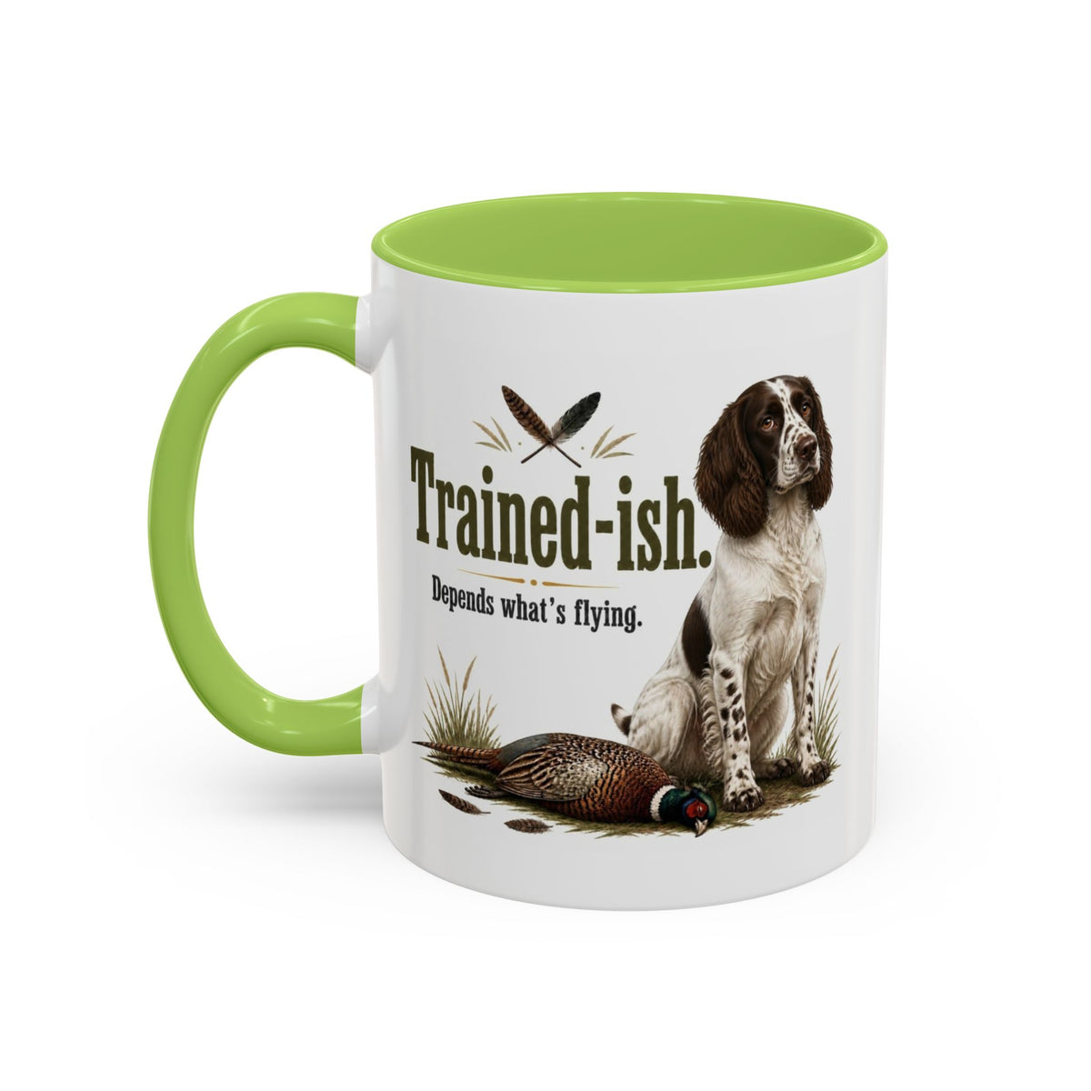 Funny Liver and White Springer Spaniel Mug - Trained-ish Depends What's Flying, Working Gun Dog Gift, Pheasant Shooting Mug, 11oz
