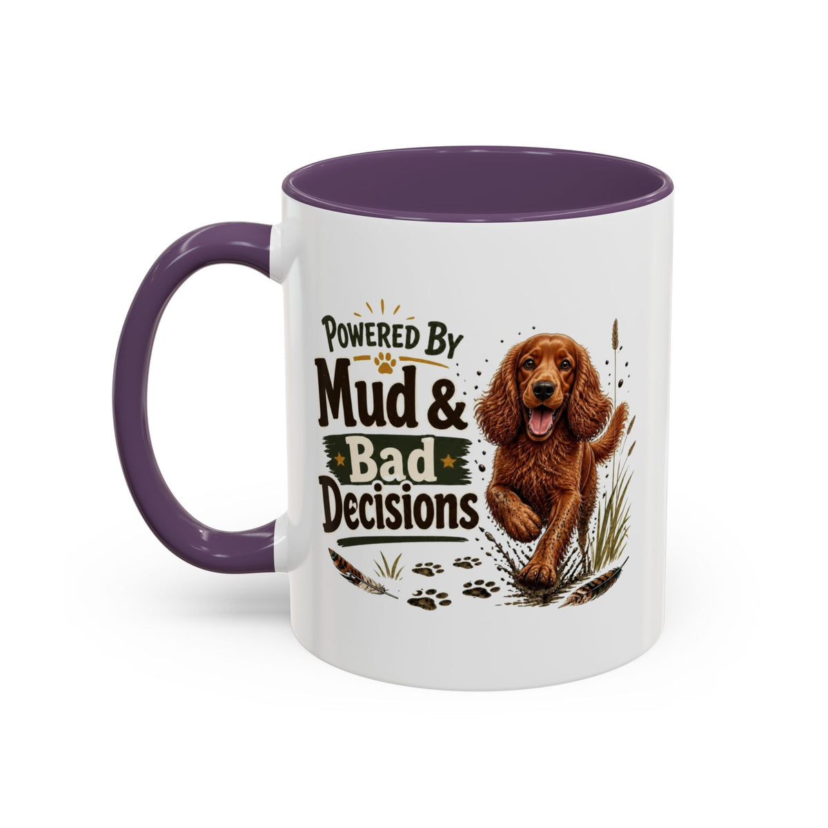 Funny Red Cocker Spaniel Mug - Powered By Mud & Bad Decisions, Muddy Dog Owner Gift, Gundog Lover Coffee Mug, 11oz