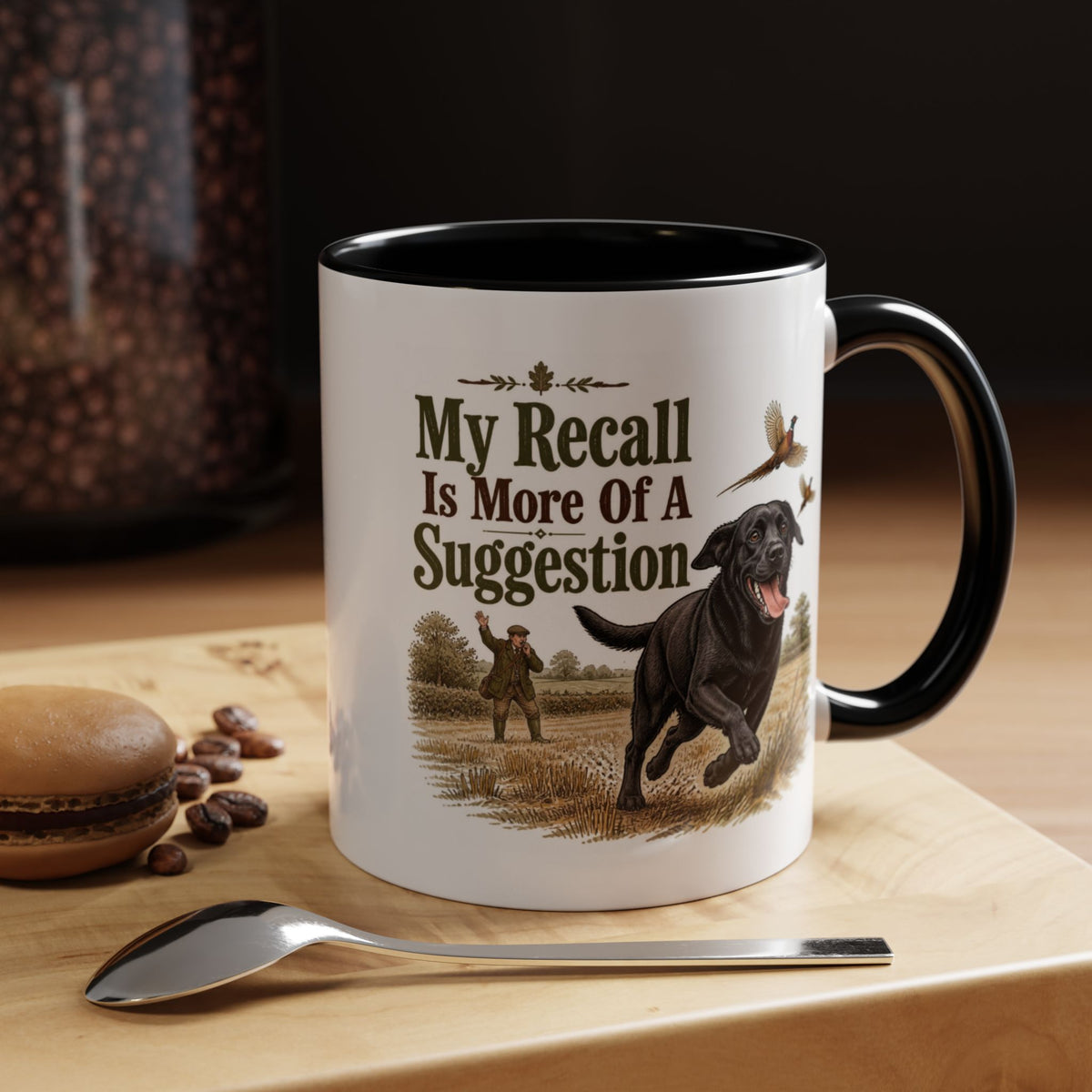Funny Black Labrador Mug - My Recall Is More Of A Suggestion, Working Gun Dog Gift, Pheasant Shooting Mug, 11oz