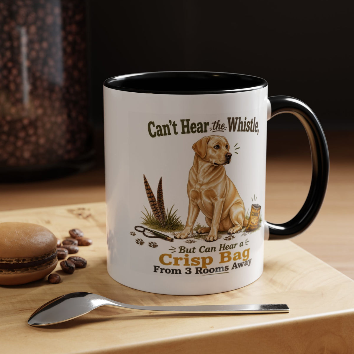 Funny Yellow Labrador Mug - Can't Hear the Whistle But Can Hear a Crisp Bag, Working Gun Dog Gift, Greedy Dog Mug, 11oz