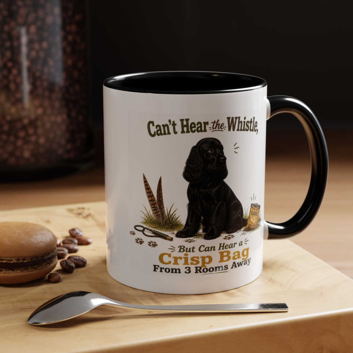 Funny Black Cocker Spaniel Mug - Can't Hear the Whistle But Can Hear a Crisp Bag, Working Gun Dog Gift, Greedy Dog Mug, 11oz