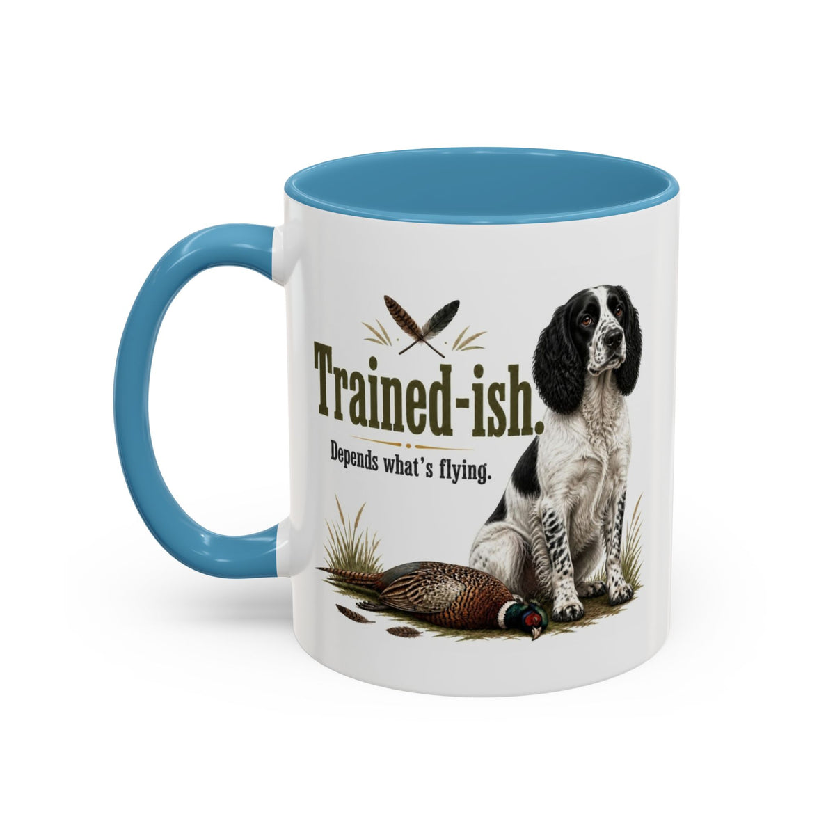 Funny Black and White Springer Spaniel Mug - Trained-ish Depends What's Flying, Working Gun Dog Gift, Pheasant Shooting Mug, 11oz