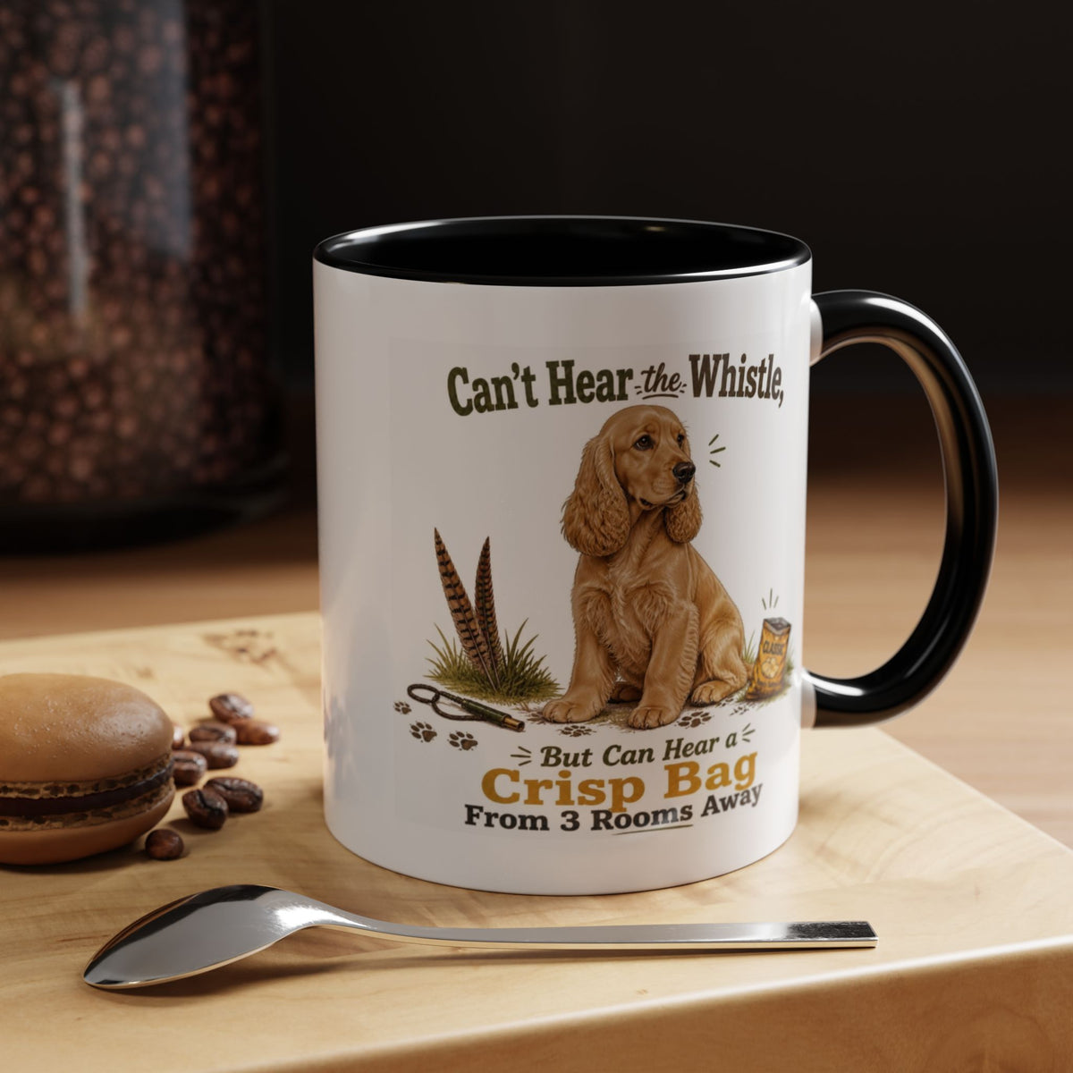 Funny Golden Cocker Spaniel Mug - Can't Hear the Whistle But Can Hear a Crisp Bag, Working Gun Dog Gift, Greedy Dog Mug, 11oz
