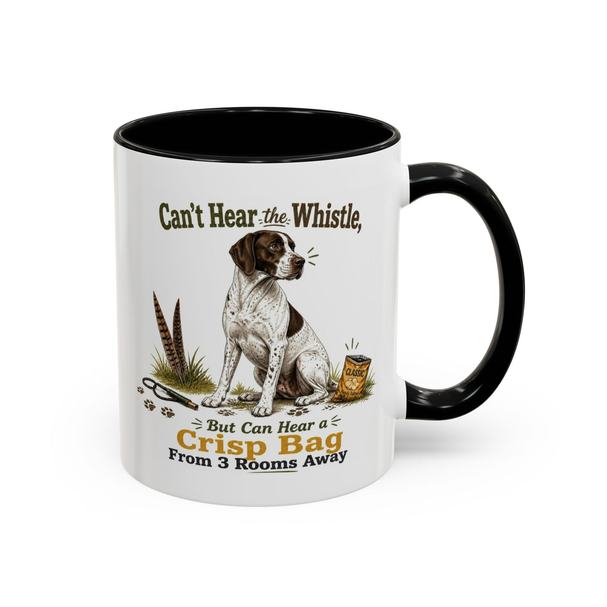 Funny English Pointer Mug - Can't Hear the Whistle But Can Hear a Crisp Bag, Working Gun Dog Gift, Greedy Dog Mug, 11oz