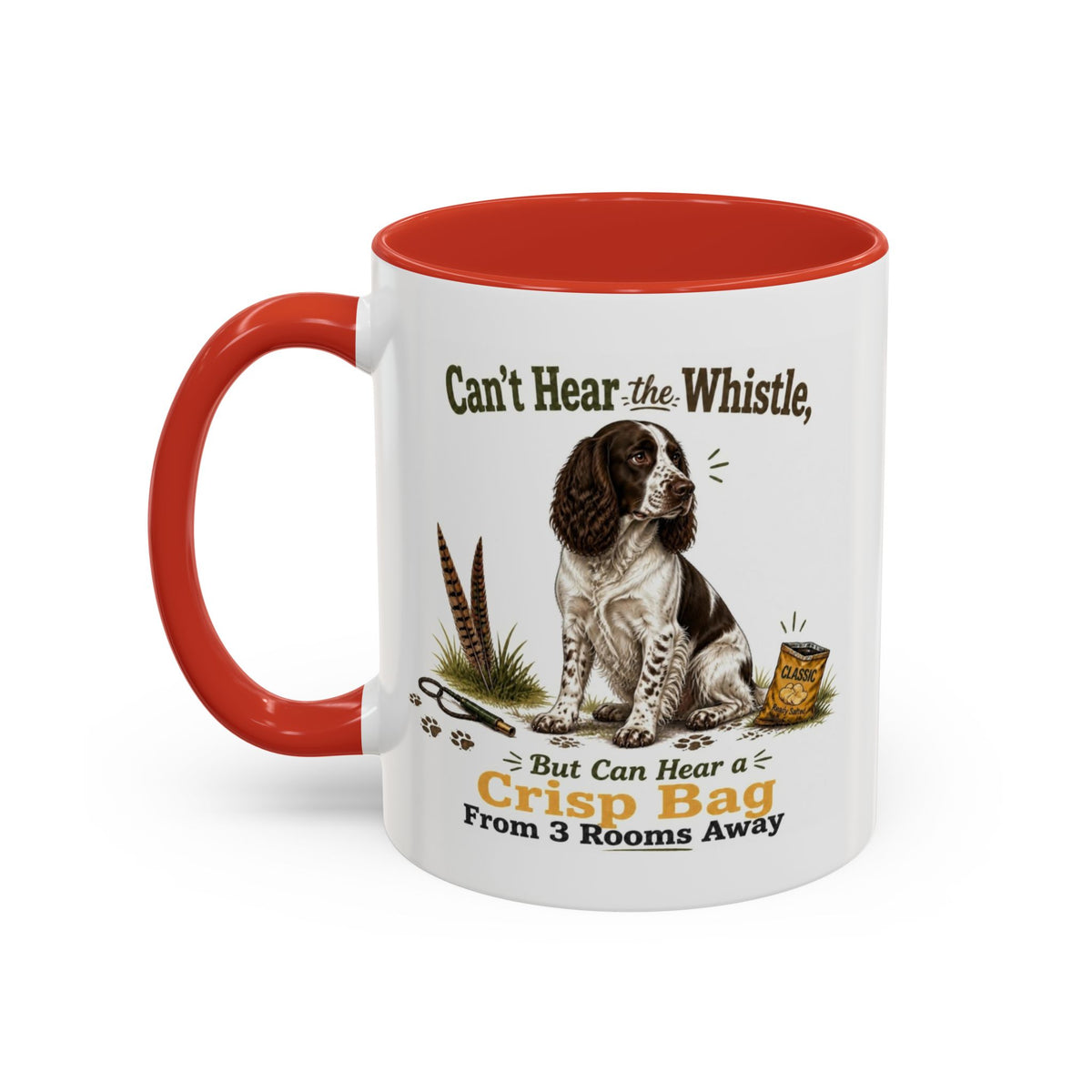 Funny Liver and White Springer Spaniel Mug - Can't Hear the Whistle But Can Hear a Crisp Bag, Working Gun Dog Gift, Greedy Dog Mug, 11oz