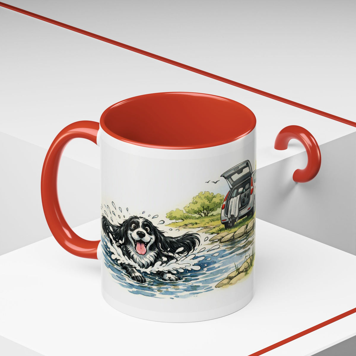 Funny cocker spaniel mug, wet black and white spaniel and car – view 8