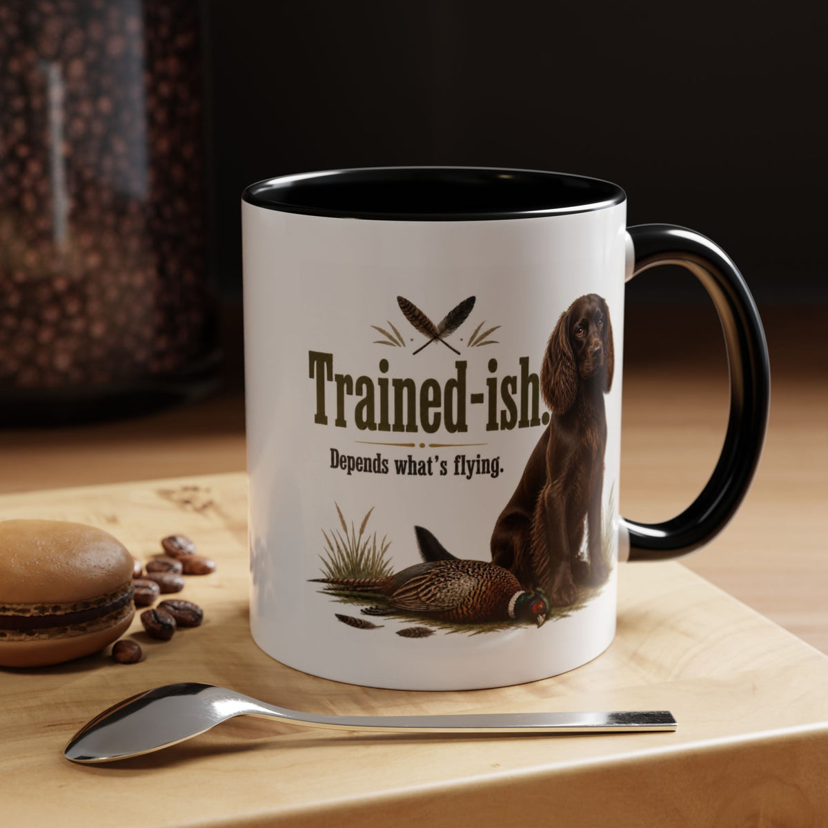 Funny Chocolate Cocker Spaniel Mug - Trained-ish Depends What's Flying, Working Gun Dog Gift, Pheasant Shooting Mug, 11oz
