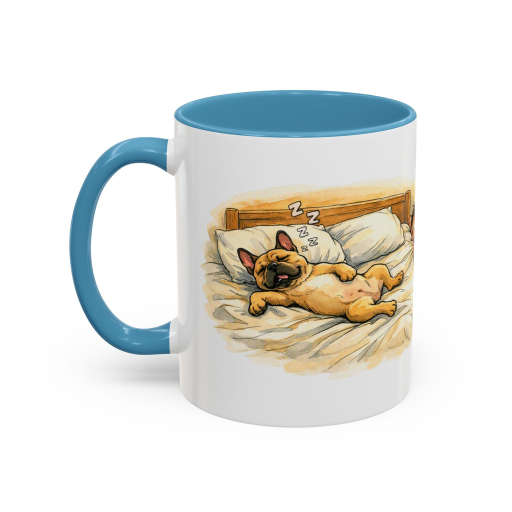 Funny French Bulldog Mug – Snoring Frenchie Bed Hog, Watercolour Dog Lover Gift, 11oz Ceramic Coffee Cup