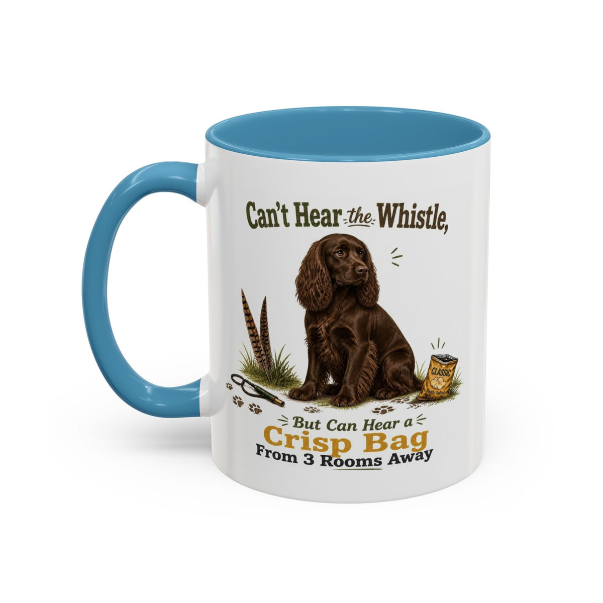 Funny Chocolate Cocker Spaniel Mug - Can't Hear the Whistle But Can Hear a Crisp Bag, Working Gun Dog Gift, Greedy Dog Mug, 11oz