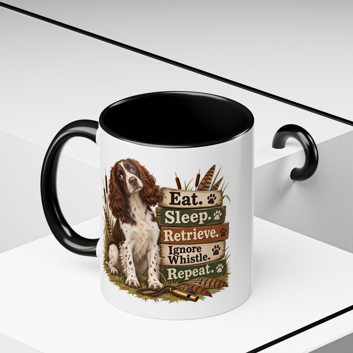 Funny Liver and White Springer Spaniel Mug - Eat Sleep Retrieve Ignore Whistle Repeat, Gundog Gift, Shooting Dog Mug, 11oz