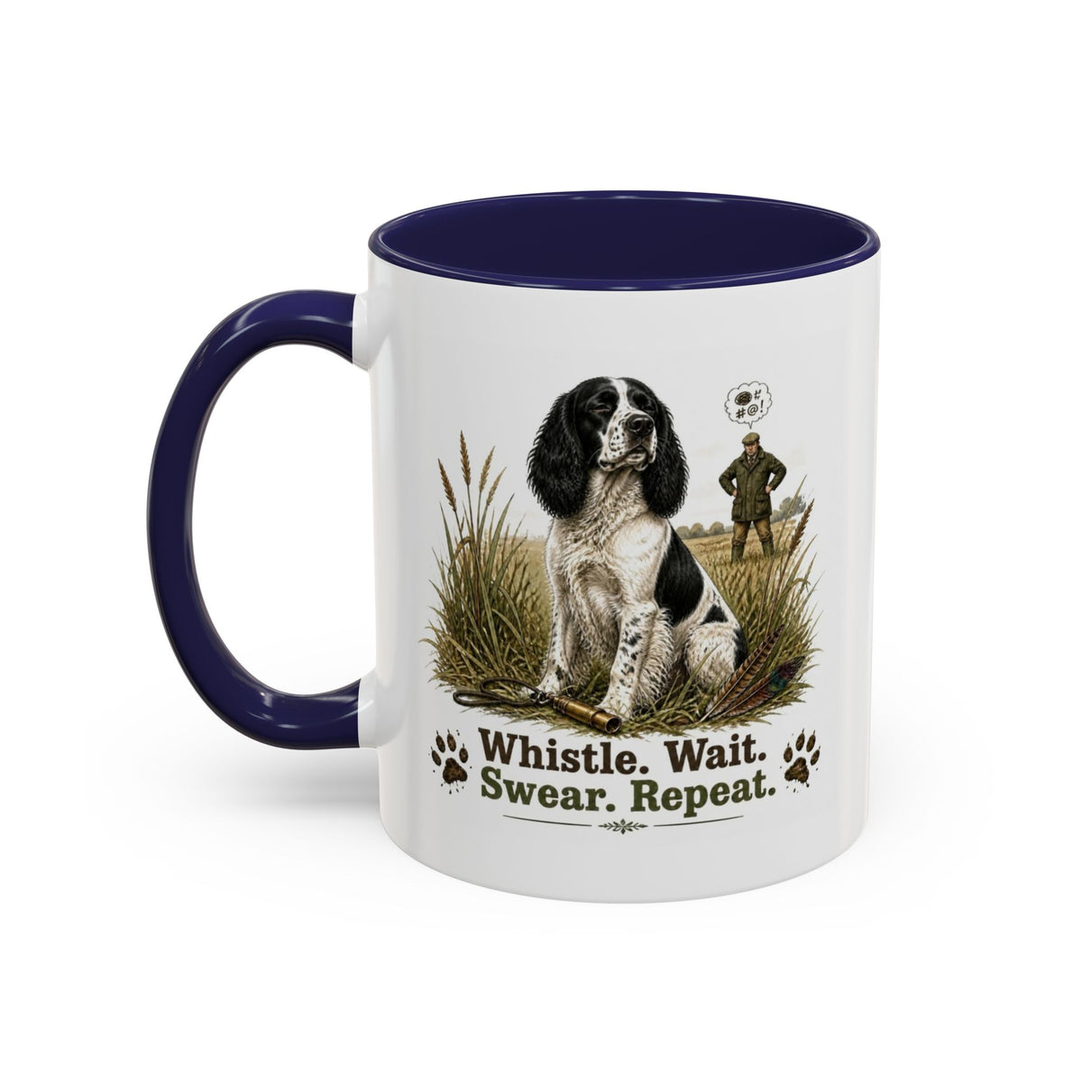 Funny Black and White Springer Spaniel Mug - Whistle. Wait. Swear. Repeat. Working Gun Dog Gift, Dog Training Mug, 11oz