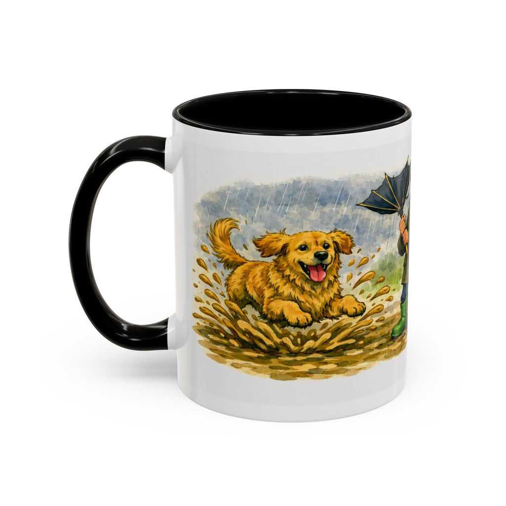 Rainy Walk Tea mug, woman with golden dog on a muddy rainy walk – view 6