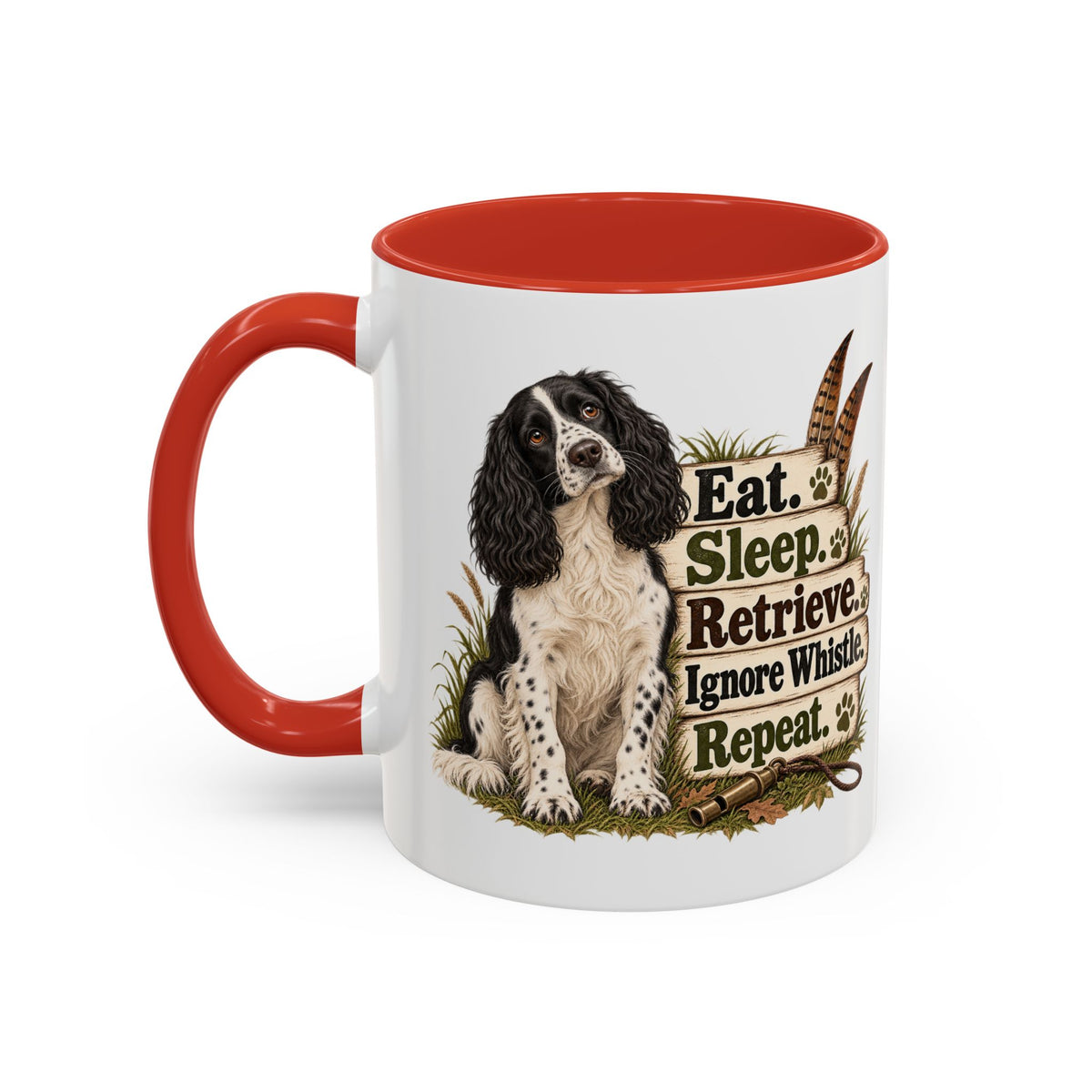 Funny Black and White Springer Spaniel Mug - Eat Sleep Retrieve Ignore Whistle Repeat, Gundog Gift, Shooting Dog Mug, 11oz