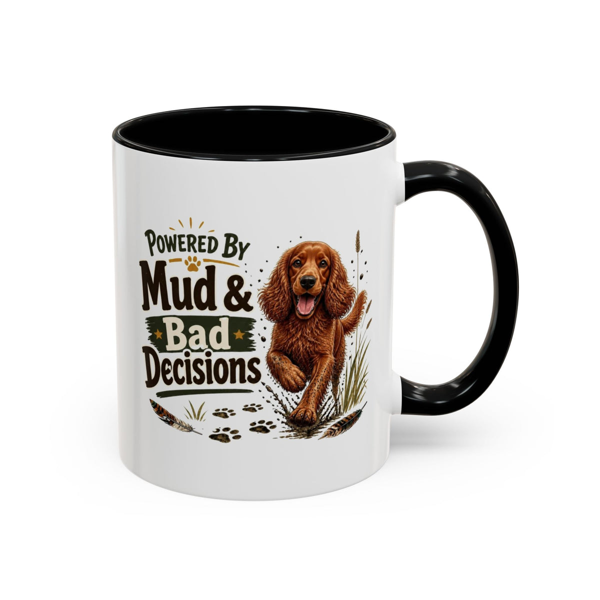Funny Red Cocker Spaniel Mug - Powered By Mud & Bad Decisions, Muddy Dog Owner Gift, Gundog Lover Coffee Mug, 11oz