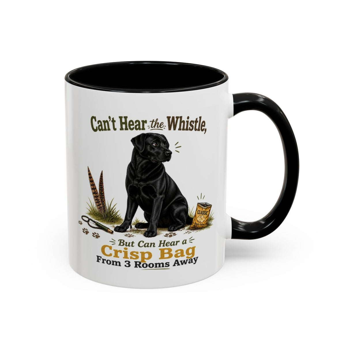 Funny Black Labrador Mug - Can't Hear the Whistle But Can Hear a Crisp Bag, Working Gun Dog Gift, Greedy Dog Mug, 11oz