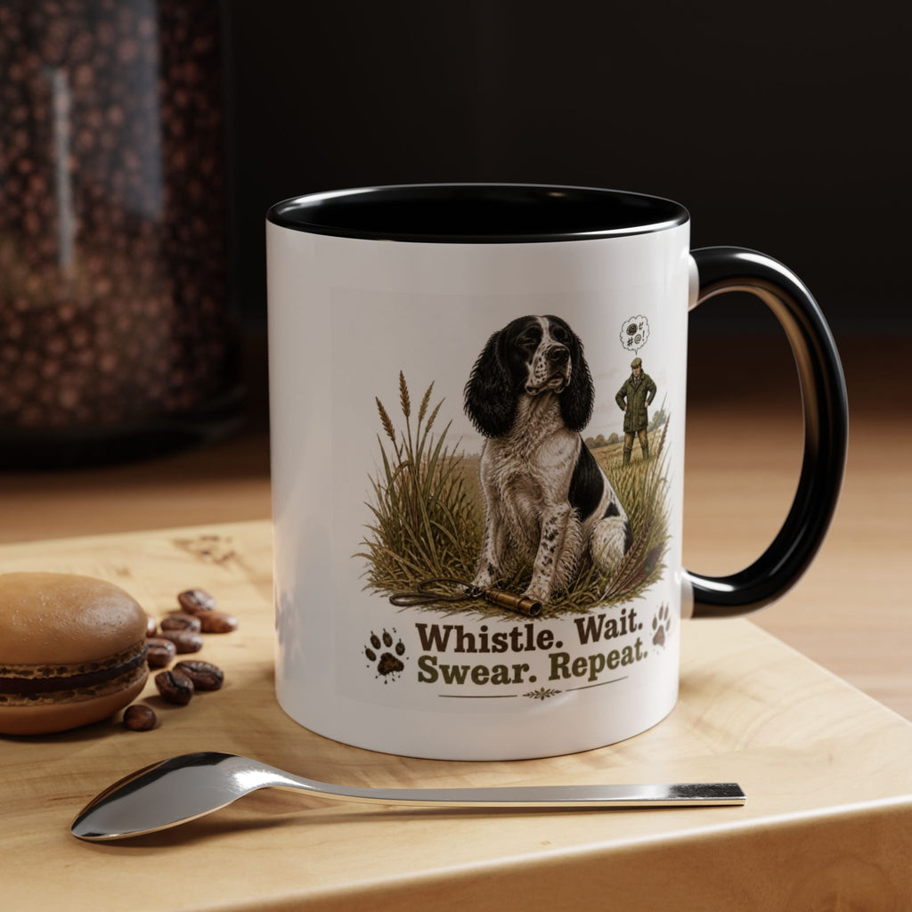 Funny Black and White Springer Spaniel Mug - Whistle. Wait. Swear. Repeat. Working Gun Dog Gift, Dog Training Mug, 11oz