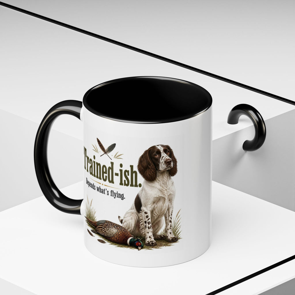Funny Liver and White Springer Spaniel Mug - Trained-ish Depends What's Flying, Working Gun Dog Gift, Pheasant Shooting Mug, 11oz