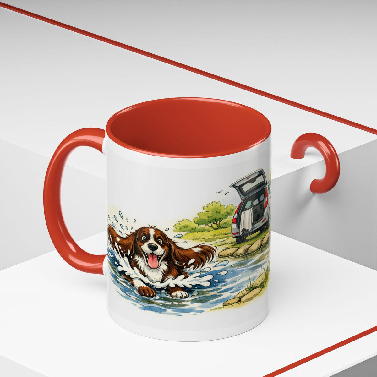 Funny liver and white cocker spaniel mug, wet spaniel and car – view 8