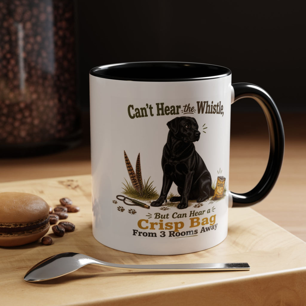 Funny Black Labrador Mug - Can't Hear the Whistle But Can Hear a Crisp Bag, Working Gun Dog Gift, Greedy Dog Mug, 11oz
