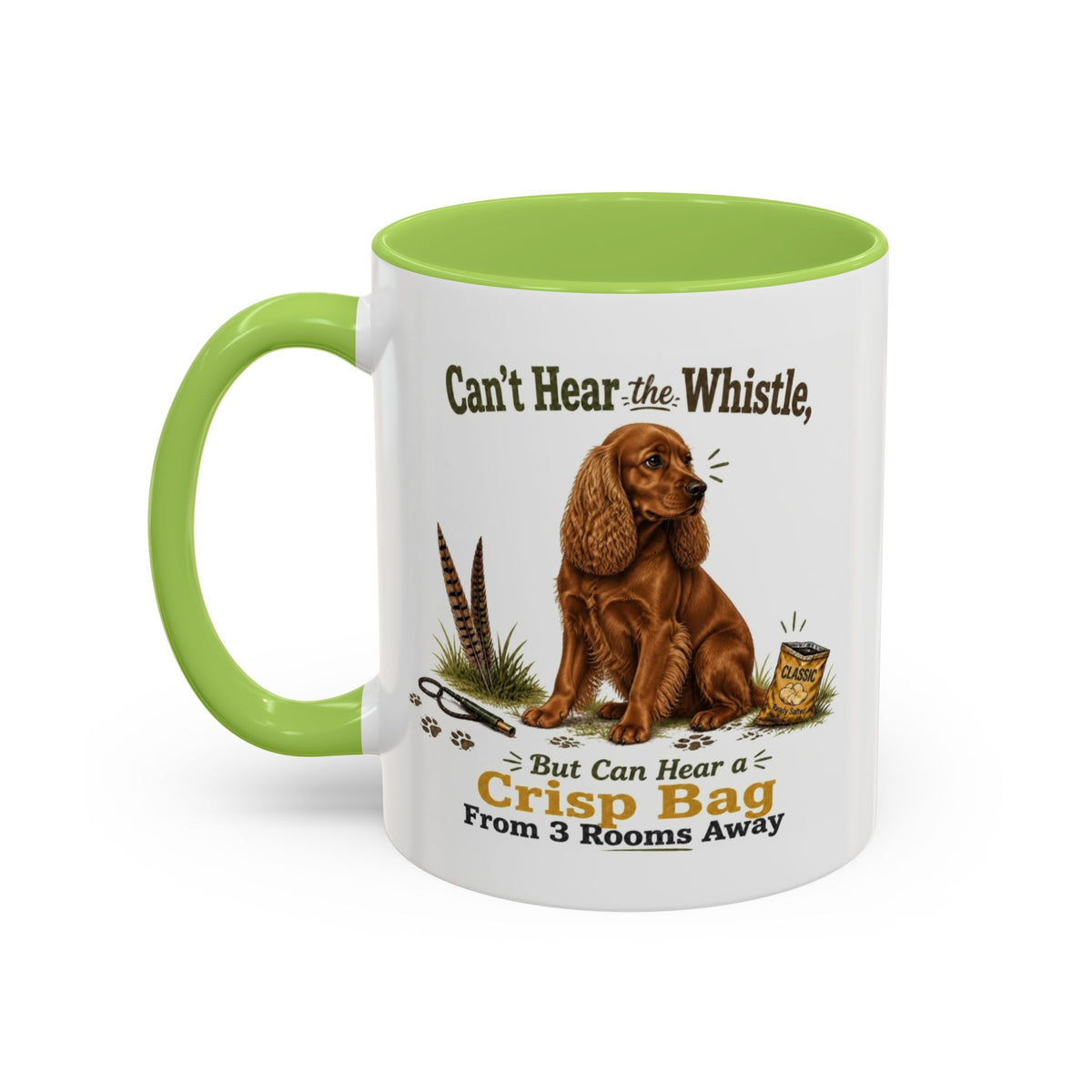 Funny Red Cocker Spaniel Mug - Can't Hear the Whistle But Can Hear a Crisp Bag, Working Gun Dog Gift, Greedy Dog Mug, 11oz