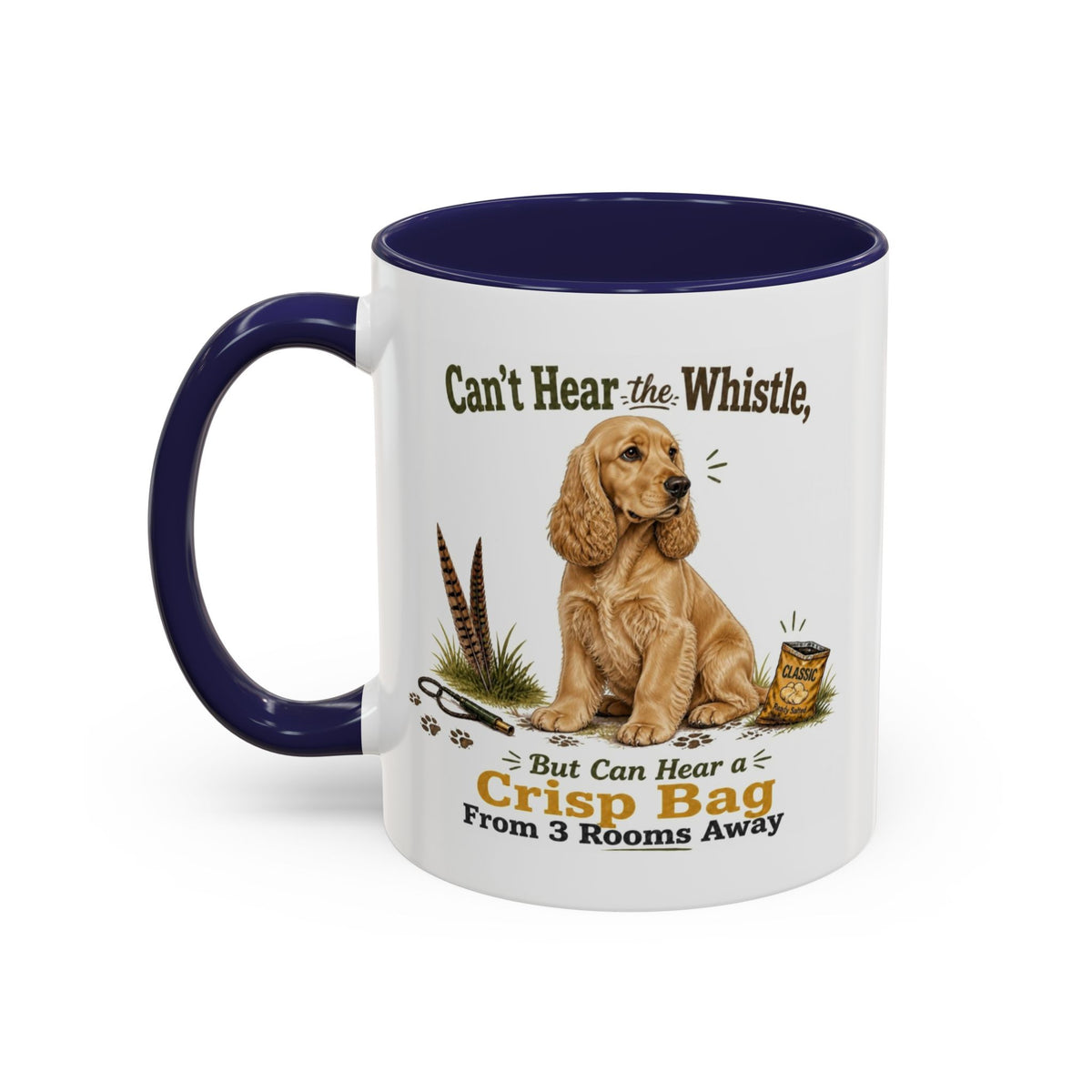 Funny Golden Cocker Spaniel Mug - Can't Hear the Whistle But Can Hear a Crisp Bag, Working Gun Dog Gift, Greedy Dog Mug, 11oz