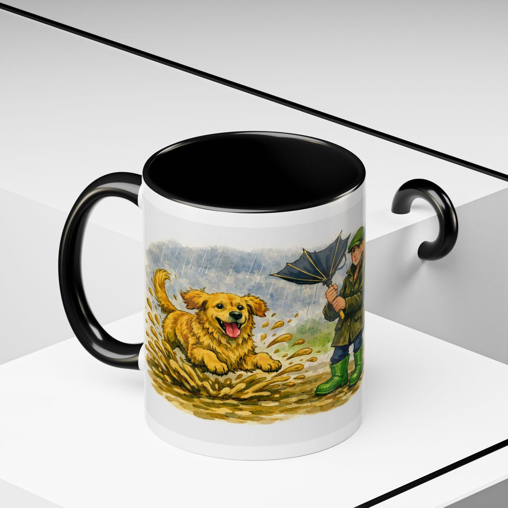 Rainy Walk Tea mug, woman with golden dog on a muddy rainy walk – view 9