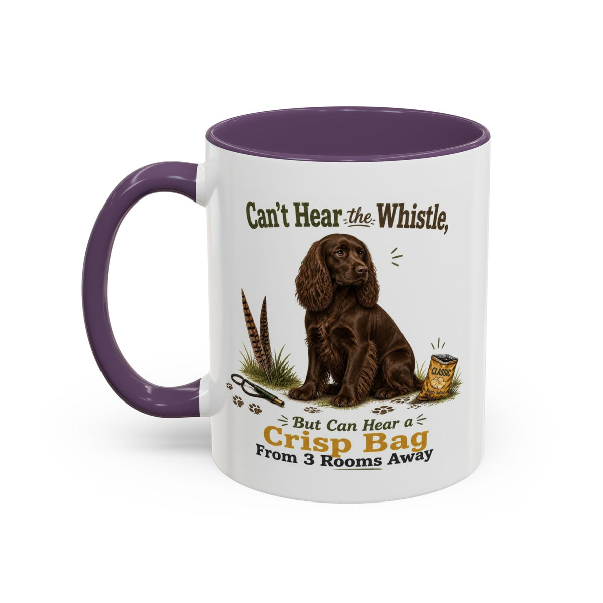Funny Chocolate Cocker Spaniel Mug - Can't Hear the Whistle But Can Hear a Crisp Bag, Working Gun Dog Gift, Greedy Dog Mug, 11oz