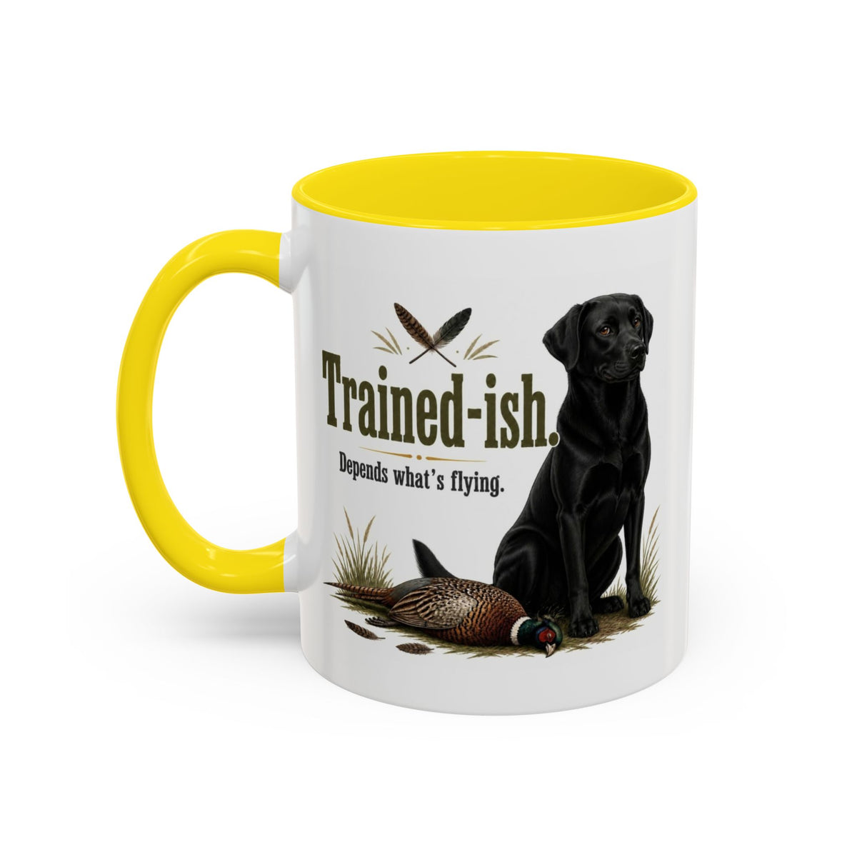 Funny Black Labrador Mug - Trained-ish Depends What's Flying, Working Gun Dog Gift, Pheasant Shooting Mug, 11oz