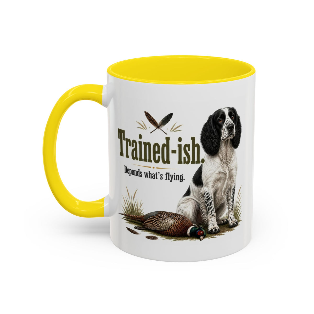 Funny Black and White Springer Spaniel Mug - Trained-ish Depends What's Flying, Working Gun Dog Gift, Pheasant Shooting Mug, 11oz