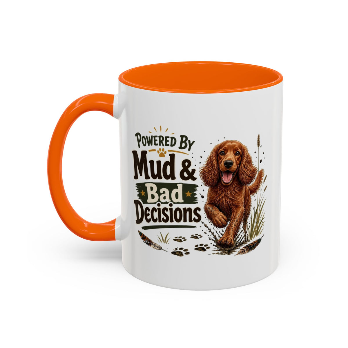 Funny Red Cocker Spaniel Mug - Powered By Mud & Bad Decisions, Muddy Dog Owner Gift, Gundog Lover Coffee Mug, 11oz