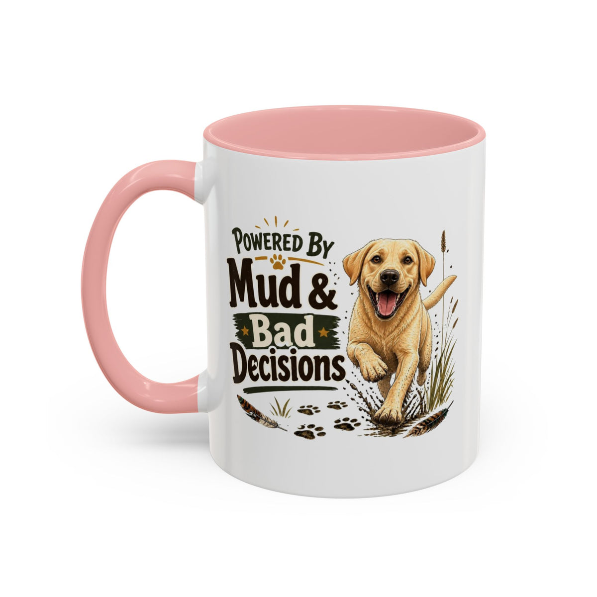 Funny Yellow Labrador Mug - Powered By Mud & Bad Decisions, Muddy Dog Owner Gift, Gundog Lover Coffee Mug, 11oz